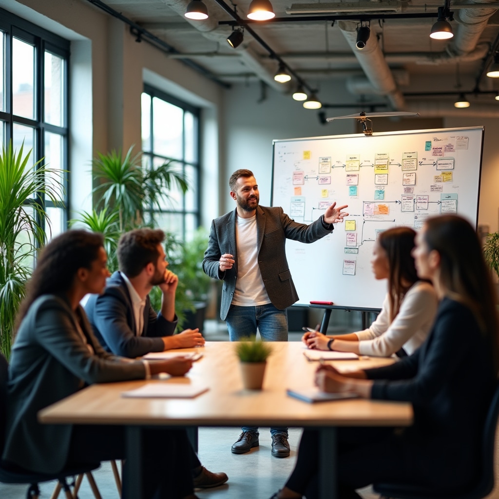 Facilitator guiding team through process improvement mapping exercise