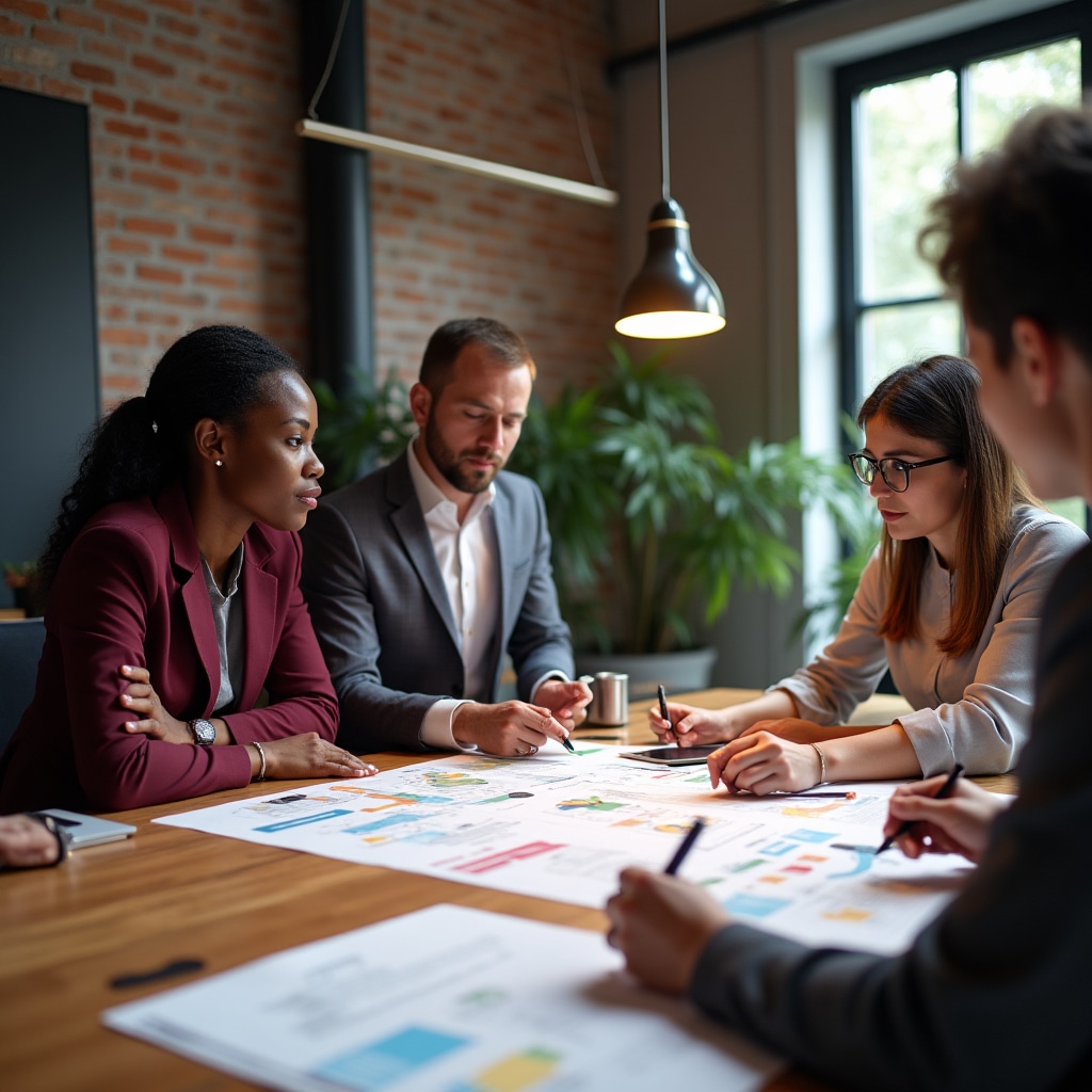 Leadership team collaborating on organizational restructuring plan